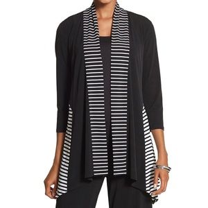 Chico’s Knit Kit Mixed-Stripe Cardigan Women’s Size M Lace Yoke Open Front Black